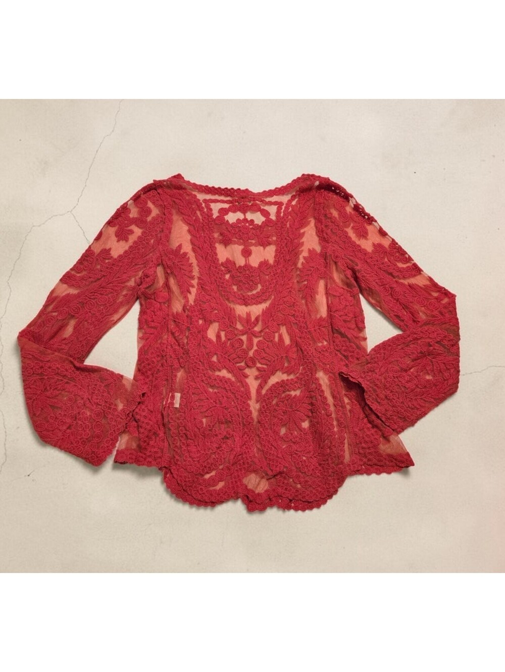 Soho Girls Whimsygoth Red Crochet Lace Top Sheer Boho Coquette Blouse S/M Y2K